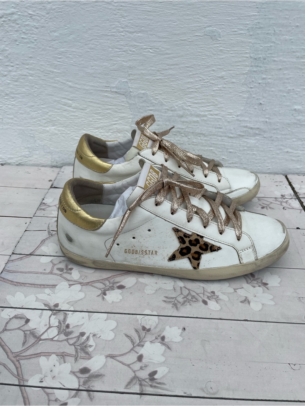 Golden Goose White Leather Sneakers with Rose Gold Laces and Leopard Star
